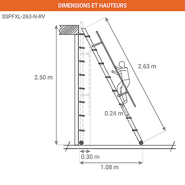 Echelle rabattable acier - Marches métal - Hauteur à atteindre 2,50m - Rampes verticales - Coloris noir - SSPFXL-263-N-RV