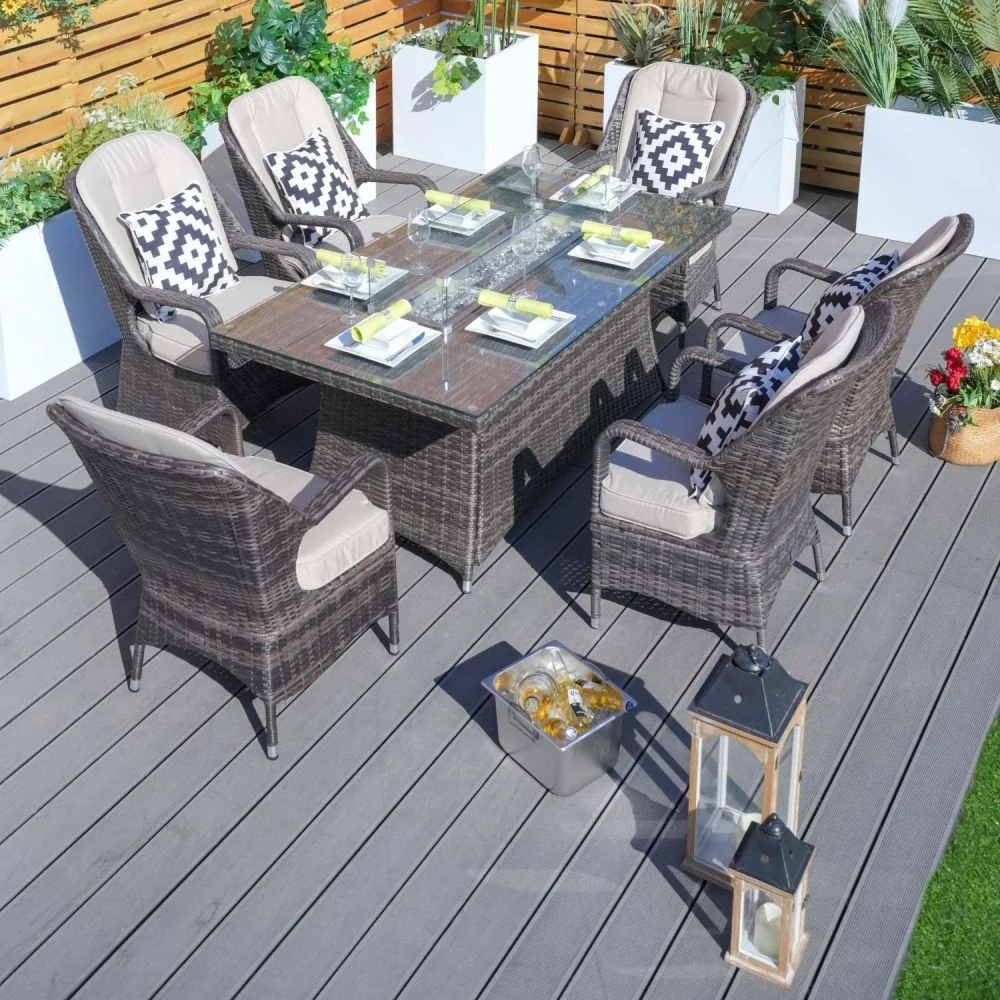 Outdoor Wicker Patio Rectangle Gas Fire Pit Table Set with 6 Chairs by Moda Furnishings (Including Rain Cover)