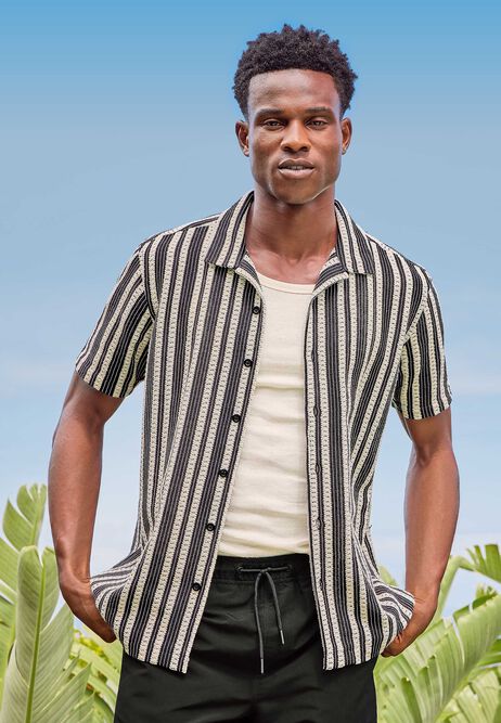 Mens Black Crochet Stripe Cotton Shirt
