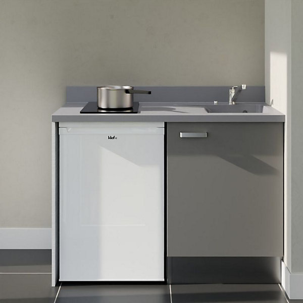 Kitchenette K08 - 120 cm - façades Gris - Plan monobloc en quartz coloris Cromo évier à droite - Electroménager Blanc