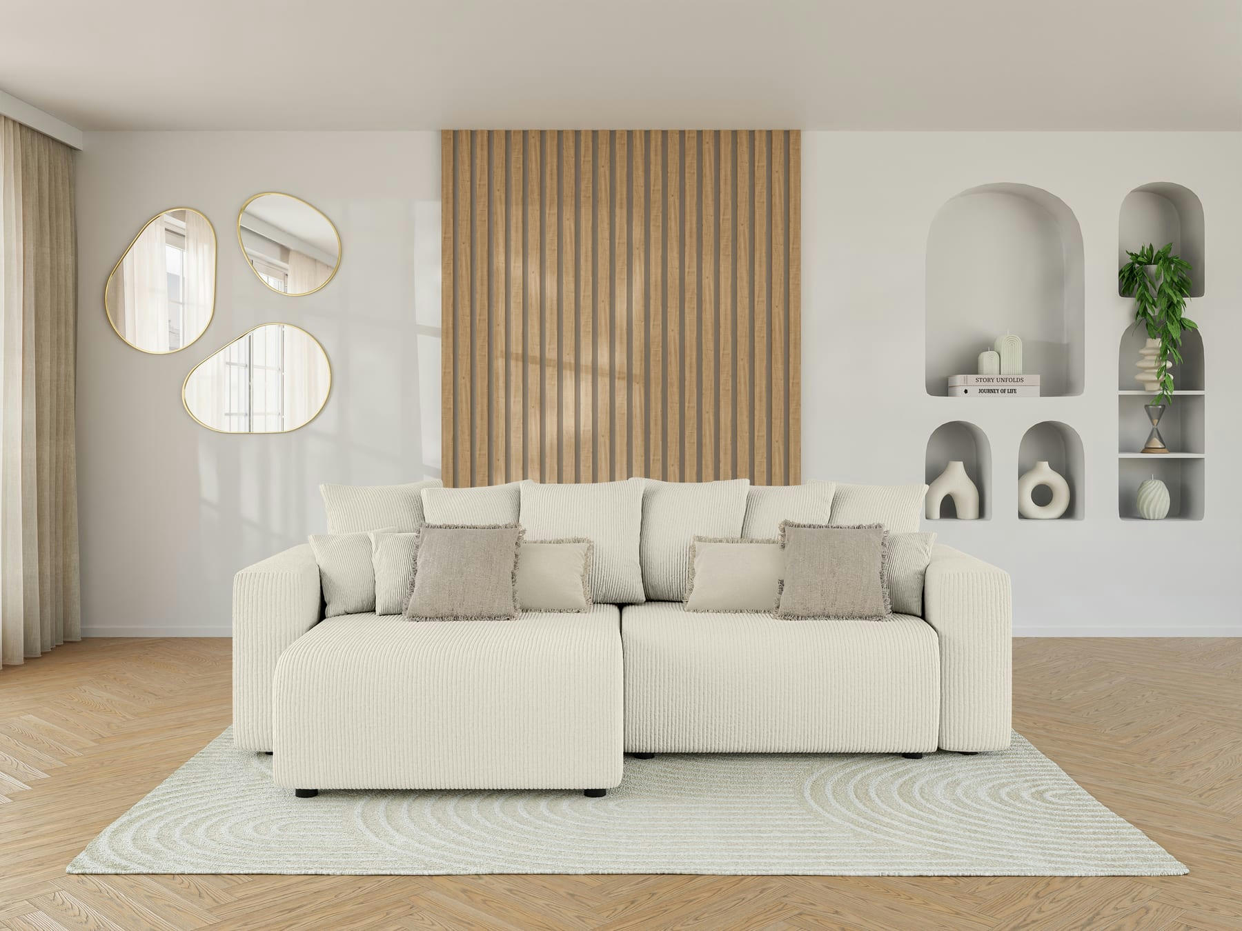 LEA - Canapé d'angle convertible en velours côtelé 4 places beige