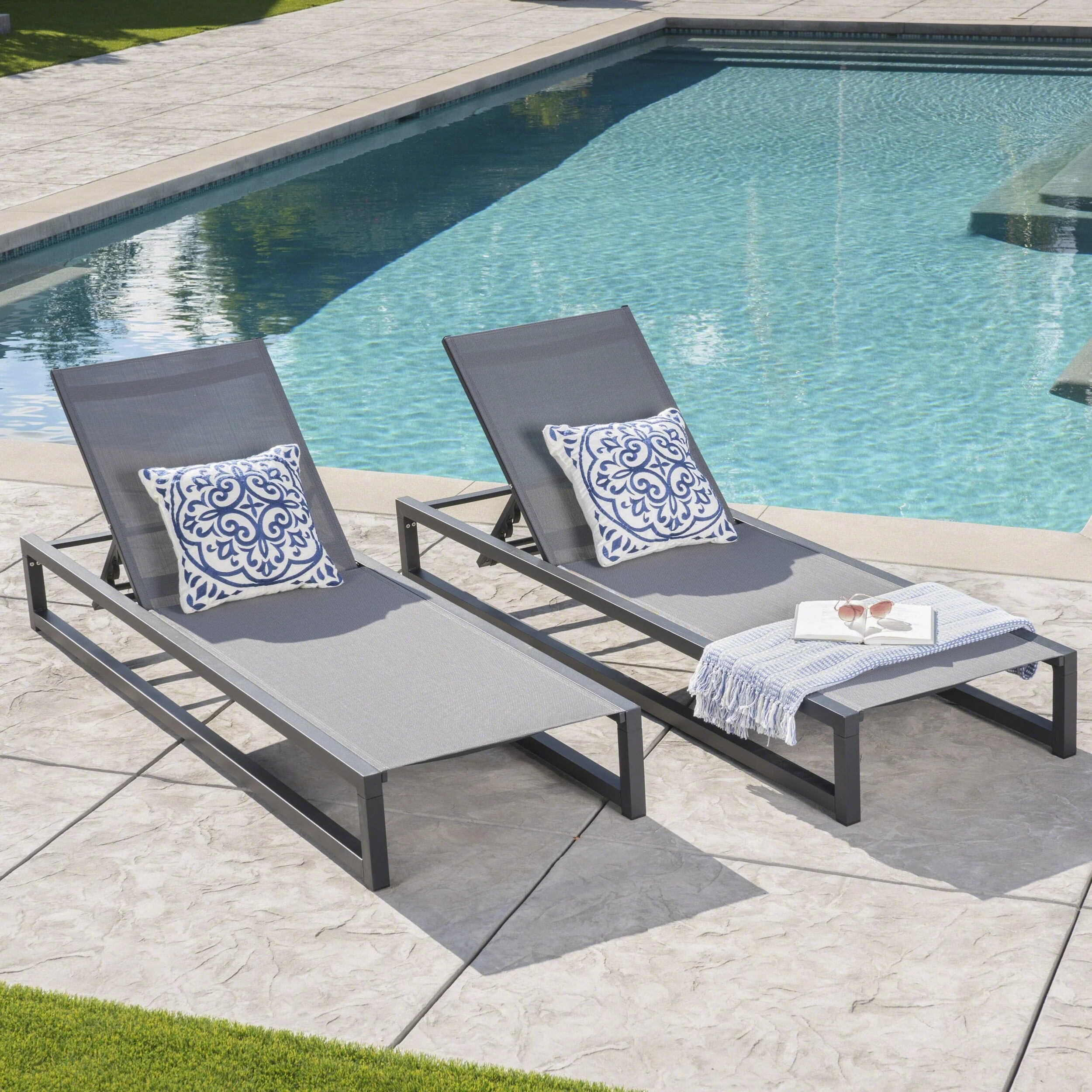 Roomfitters Outdoor Chaise Lounge Chair with Adjustable Recline, Modern Poolside Lounger