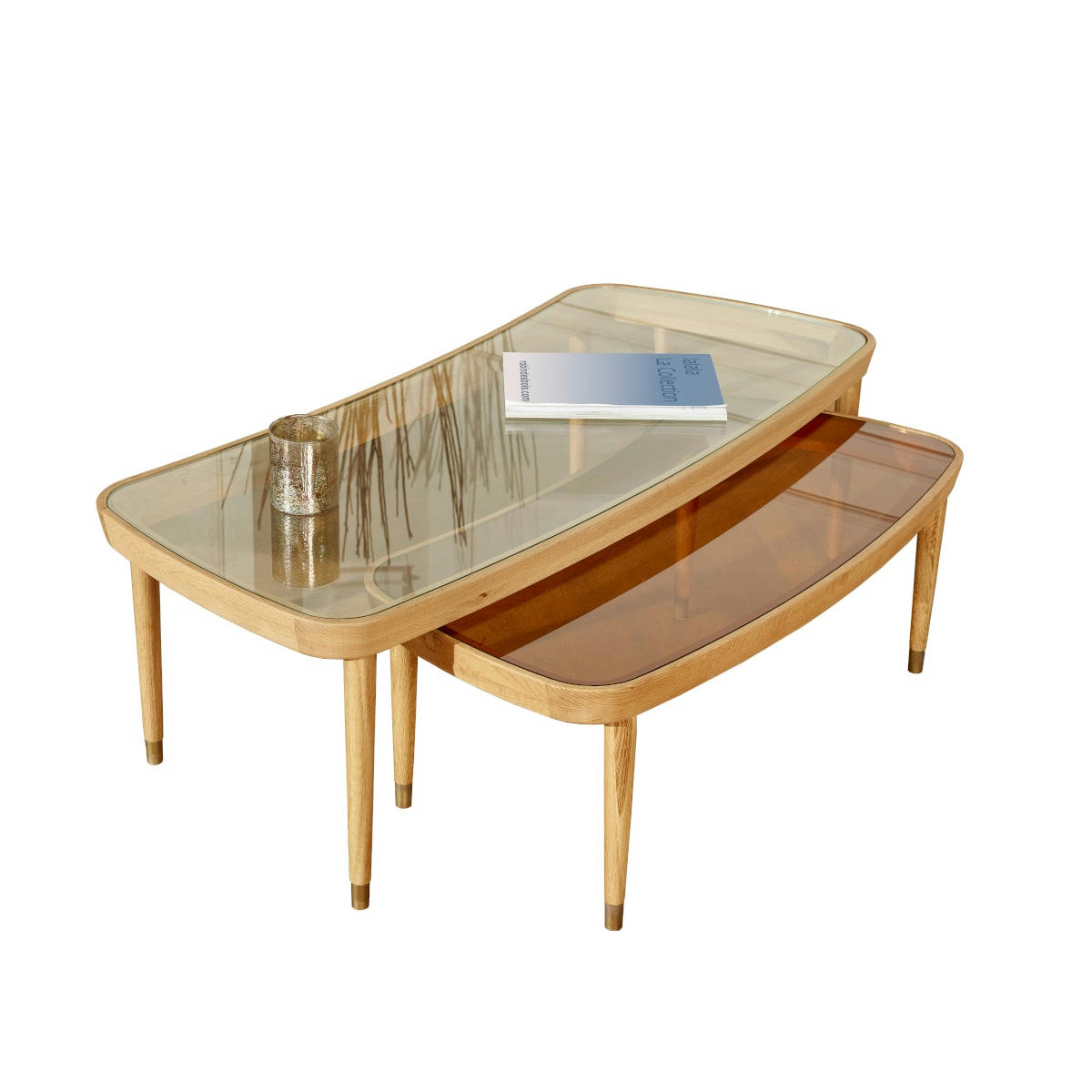 YVONNE - Table basse gigogne chêne et plateaux verre