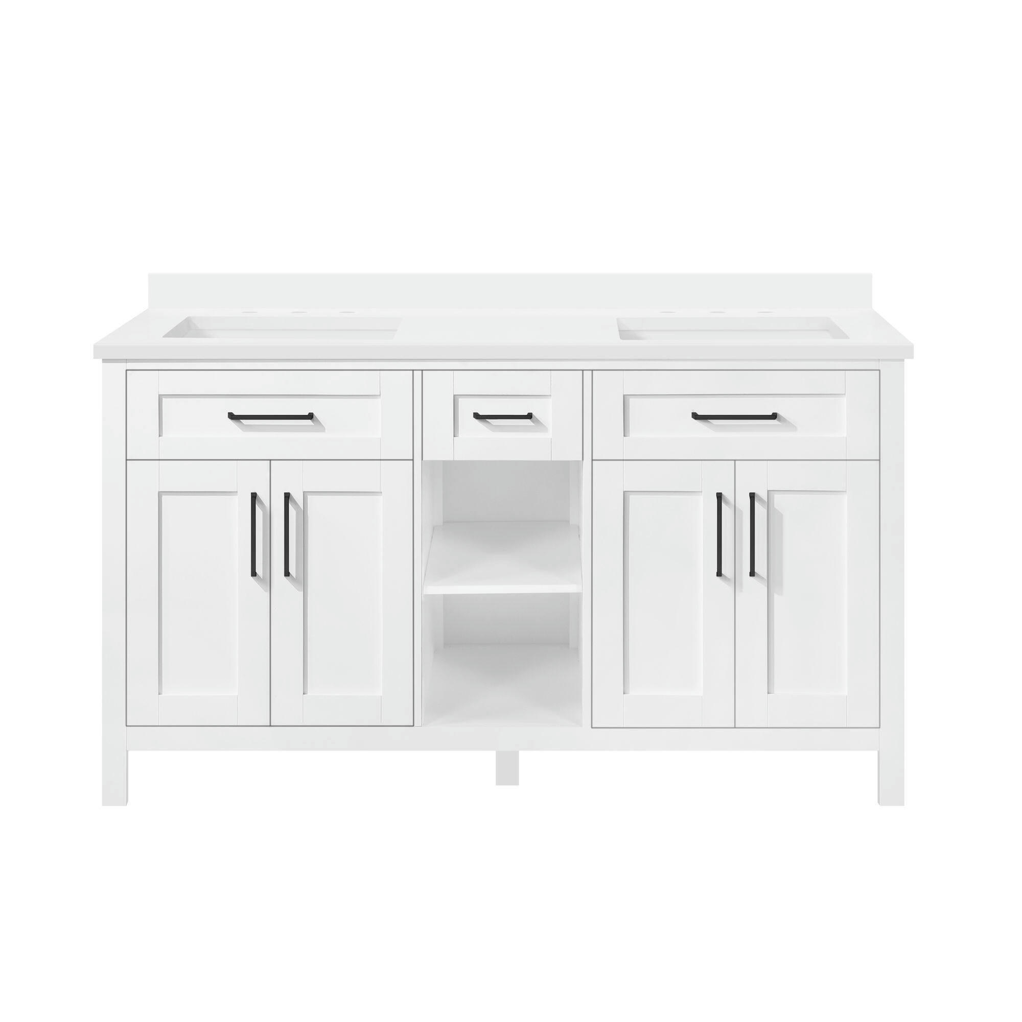 OVE Tahoe II 2-Door Double Sink Stone Top Bathroom Vanity with Built-in Power Bar & Open Shelf, White, 60-in