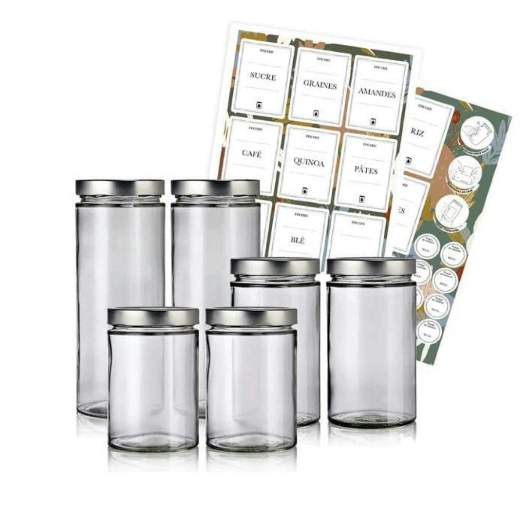 PACK EPICERIE - Pack épicerie - 6 bocaux couvercles argent + étiquettes