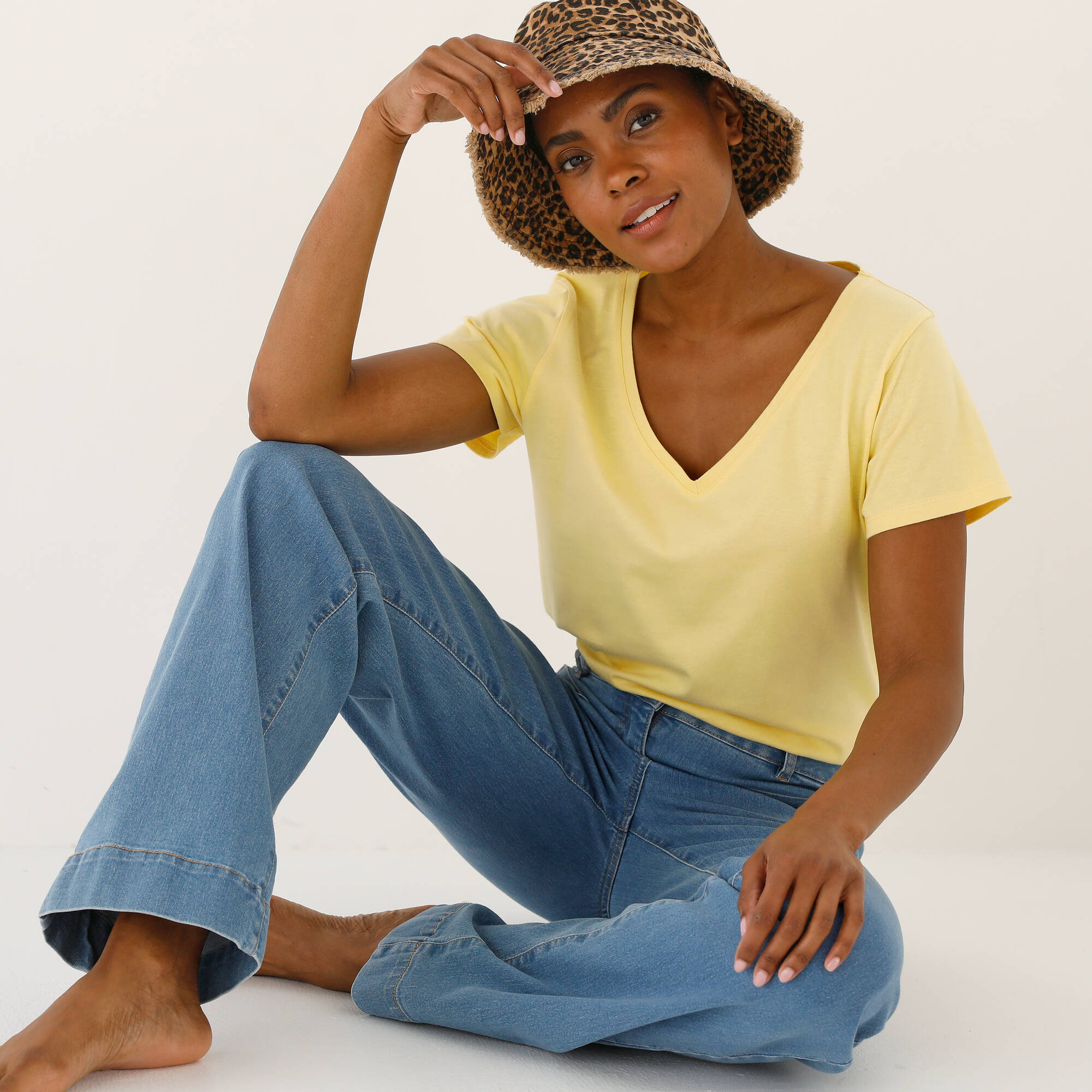 T-shirt col V uni manches courtes, coton