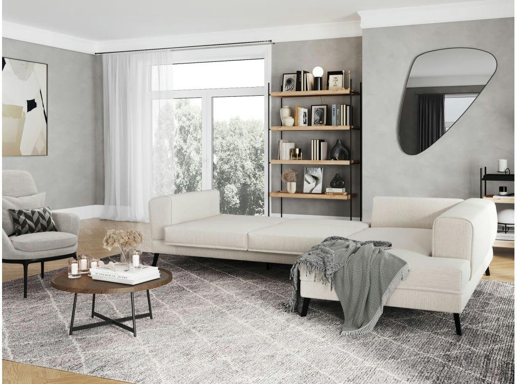 INDIA - Canapé d'angle droit convertible 2 coffres en tissu - Beige