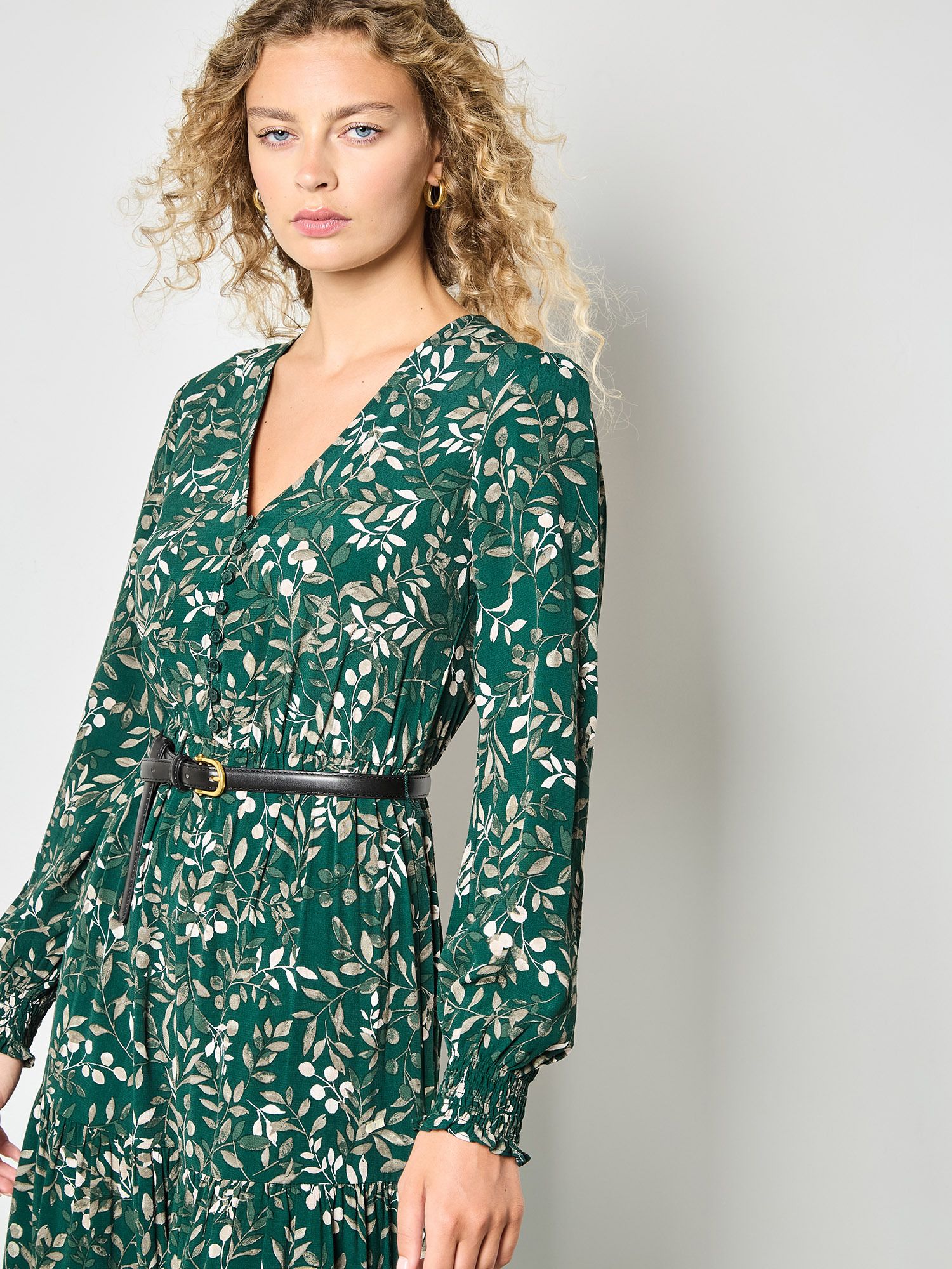 Apricot Eucalyptus Leaf Print Maxi Dress