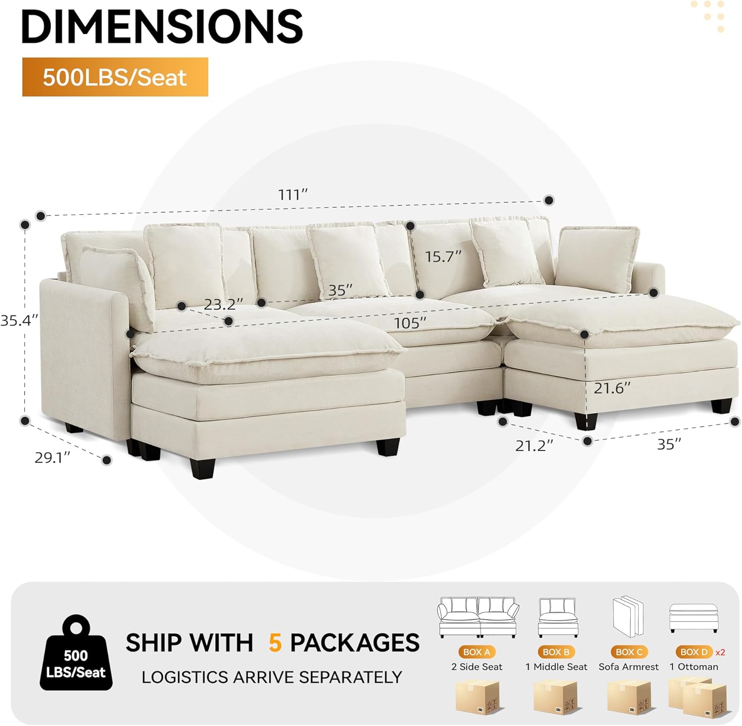 111'' Sectional Cloud Deep Seat Couch, Oversized Chenille U Shaped Sectional Sofa for Living Room Set, Comfy Upholstered Modular 5-Seats Sectional Sofa Couch with 2 Movable Ottoman, Beige