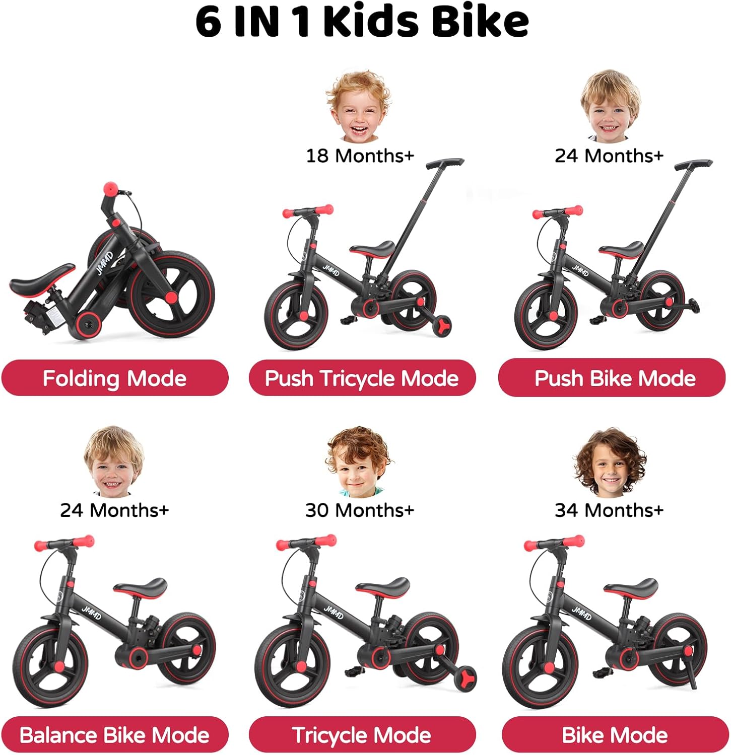 JMMD 6 in 1 Toddler Bike with Push Handle for Kids 18-60 Months, 12 Foldable Balance Bike with Training Wheels, Pedals, Brakes, Kickstand, Push Tricycle Toddler Gift & Toys for Boy & Girl