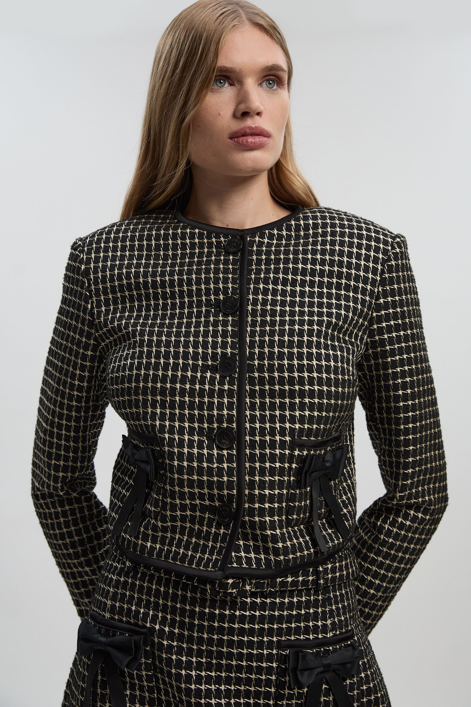 KarenMillen Tall Tailored Tweed Bow Detail Collarless Jacket