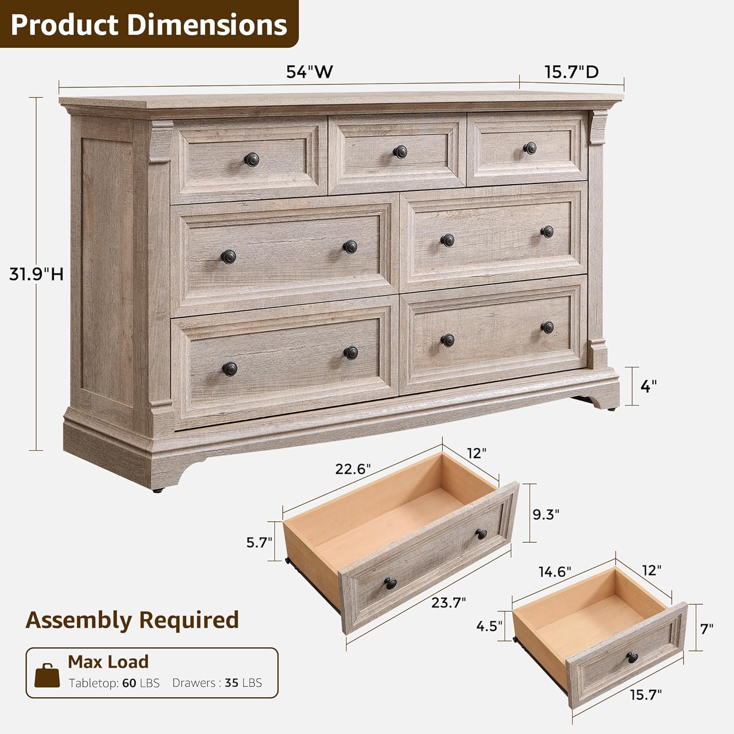 T4TREAM Farmhouse 7 Drawers Dresser for Bedroom, 54 Wide Wood Rustic Chest of Drawers w/Roman Column, Wooden Storage Dressers Organizer for Bedroom, Living Room, Light Rustic Oak