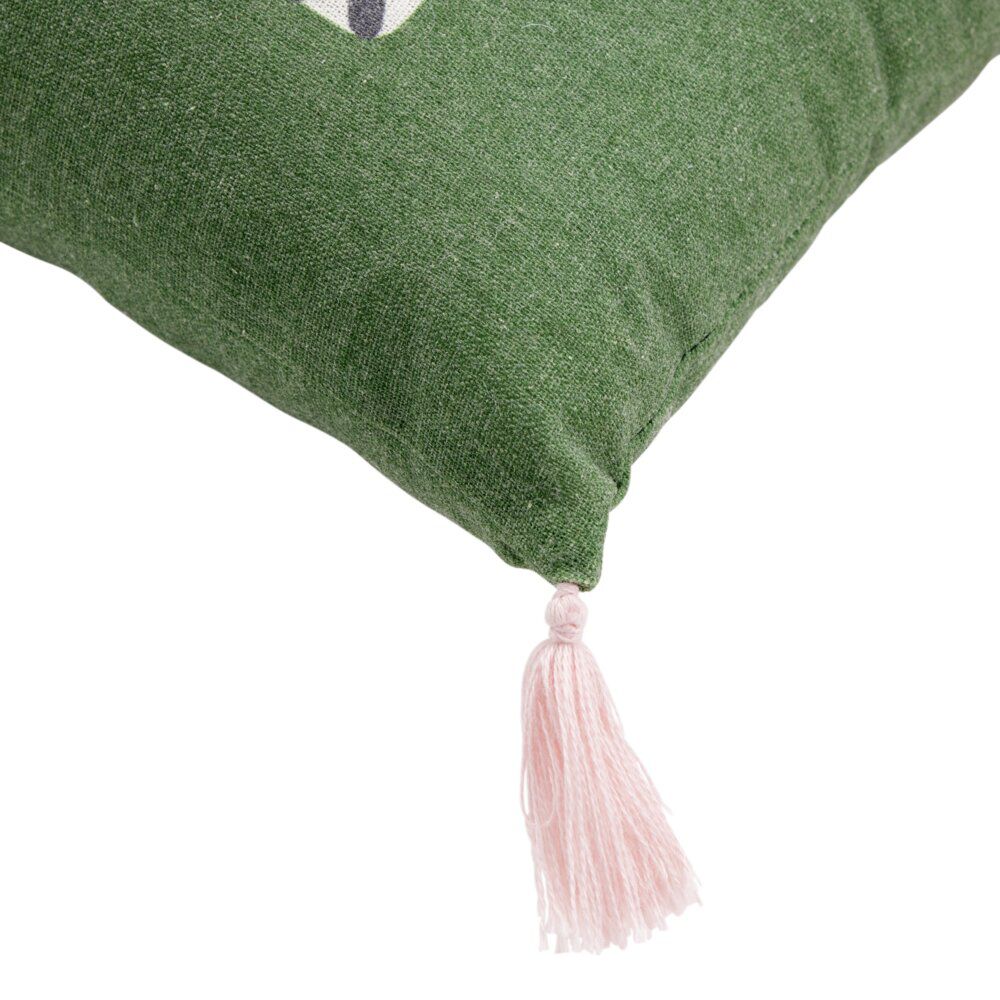 Coussin rectangulaire motif tigre vert foncé avec pompons roses 30x50cm