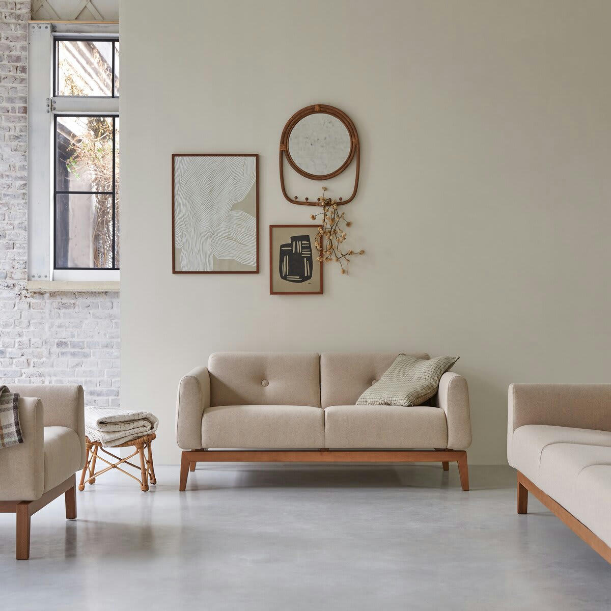 BJORN - Canapé en chêne massif et tissu écru 2 places