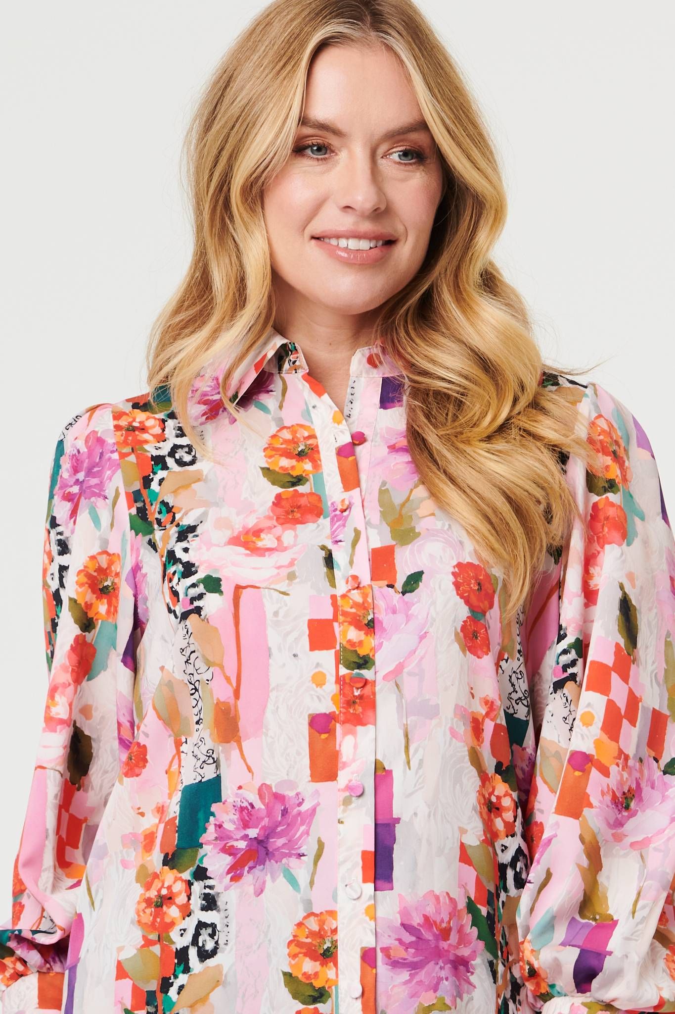 Izabel London Abstract Floral Long Puff Sleeve Shirt