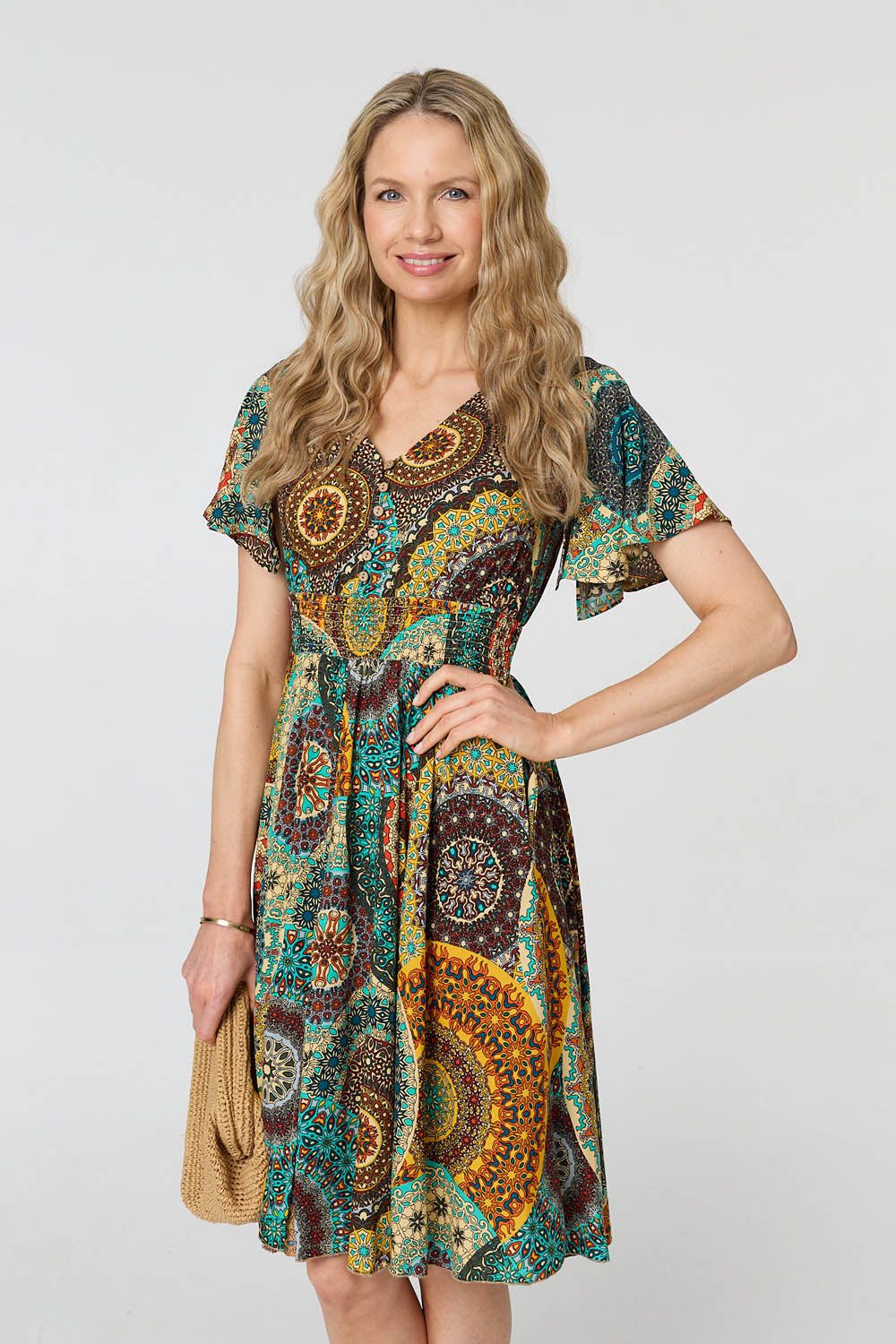 Izabel London Printed Shirred A-Line Midi Dress