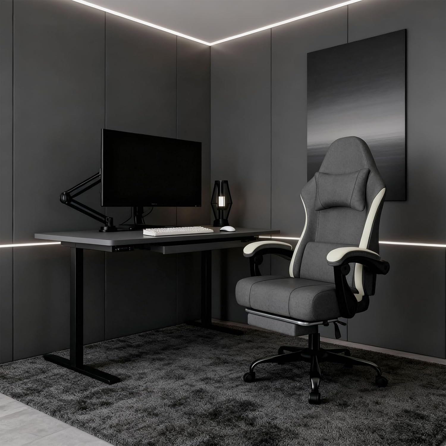 Gaming Chair, High Back Fabric Computer Chair with Pocketed Spring Cushion and Footrest, Height Adjustable Game Chair with Headrest and Lumbar Support (Beige & Gray)