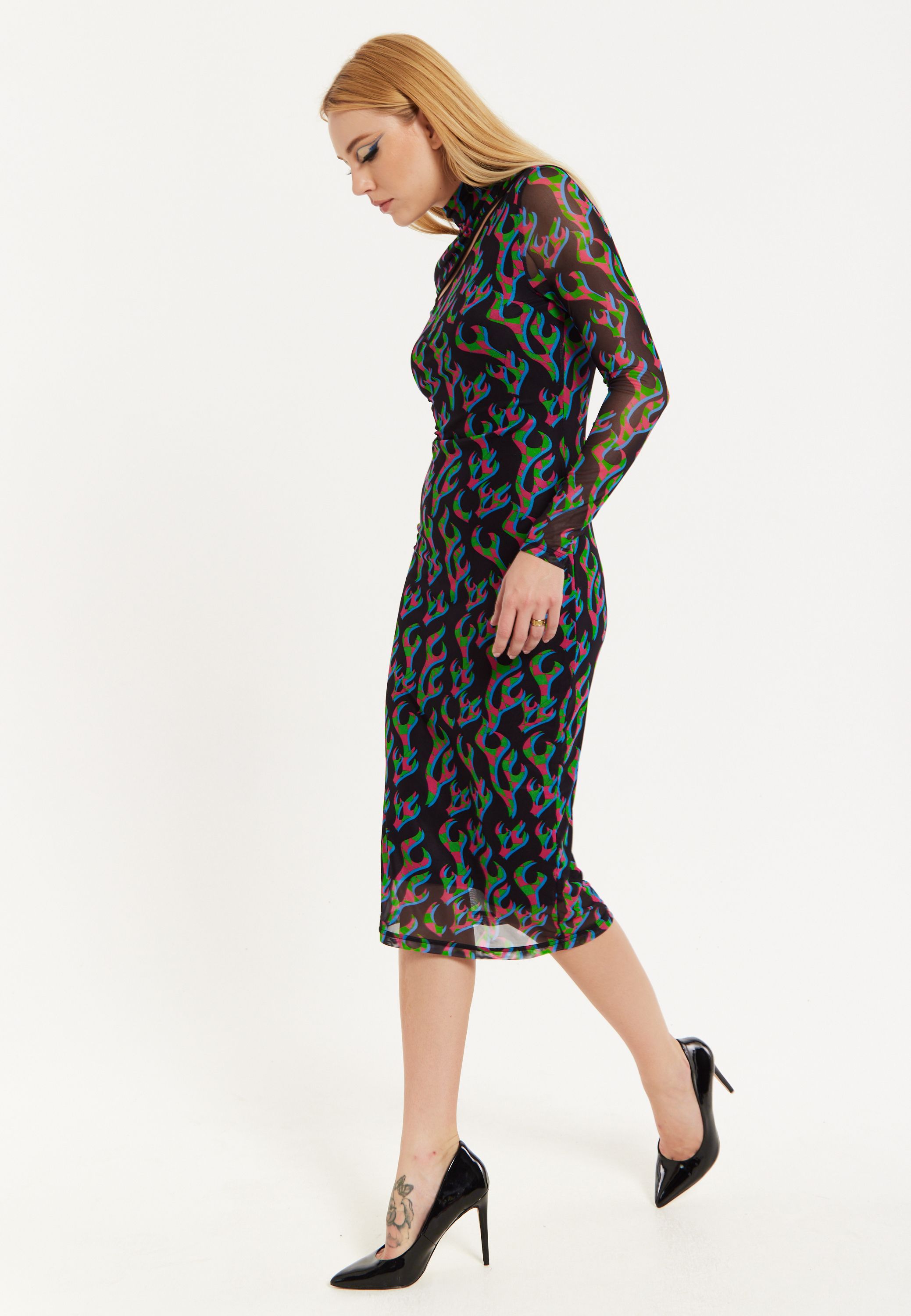 House of Holland Neon Green And Pink Flame Print Mesh Midi Dress With Cut Out Details
