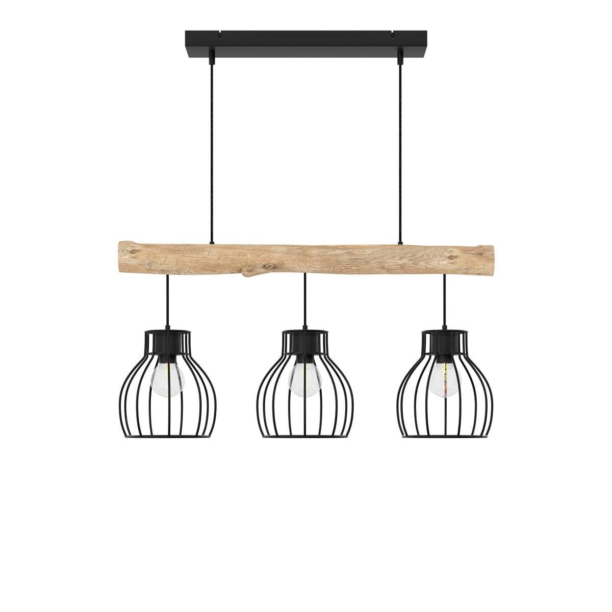 ABBY - Suspension 3 lampes en bois d'eucalyptus et métal noir