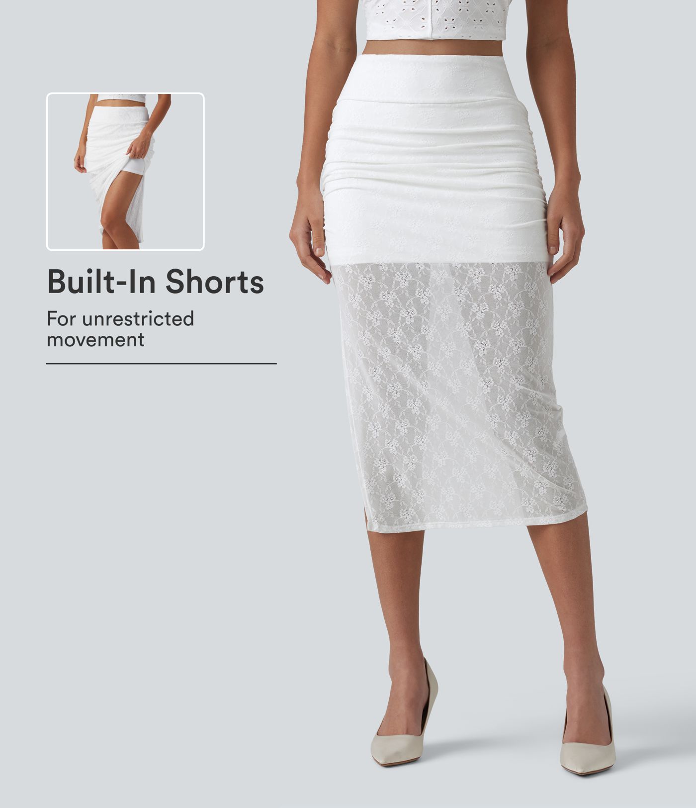 Jupe-short midi moulante en dentelle taille haute froncée et fendue, pour demoiselle d’honneur et invitée de mariage