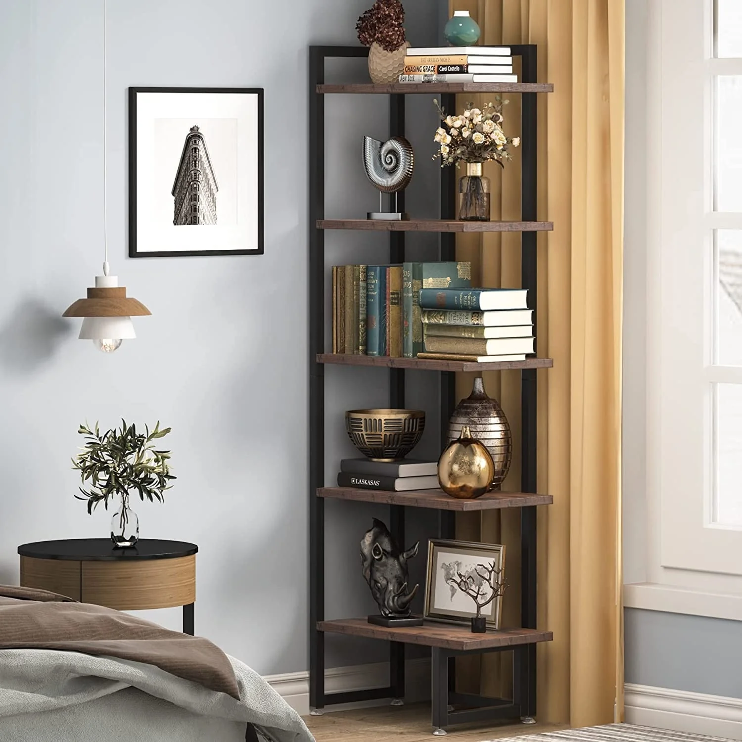 5-Tier Corner Shelf Stand, Tall Wood Display Standing Corner Bookcase