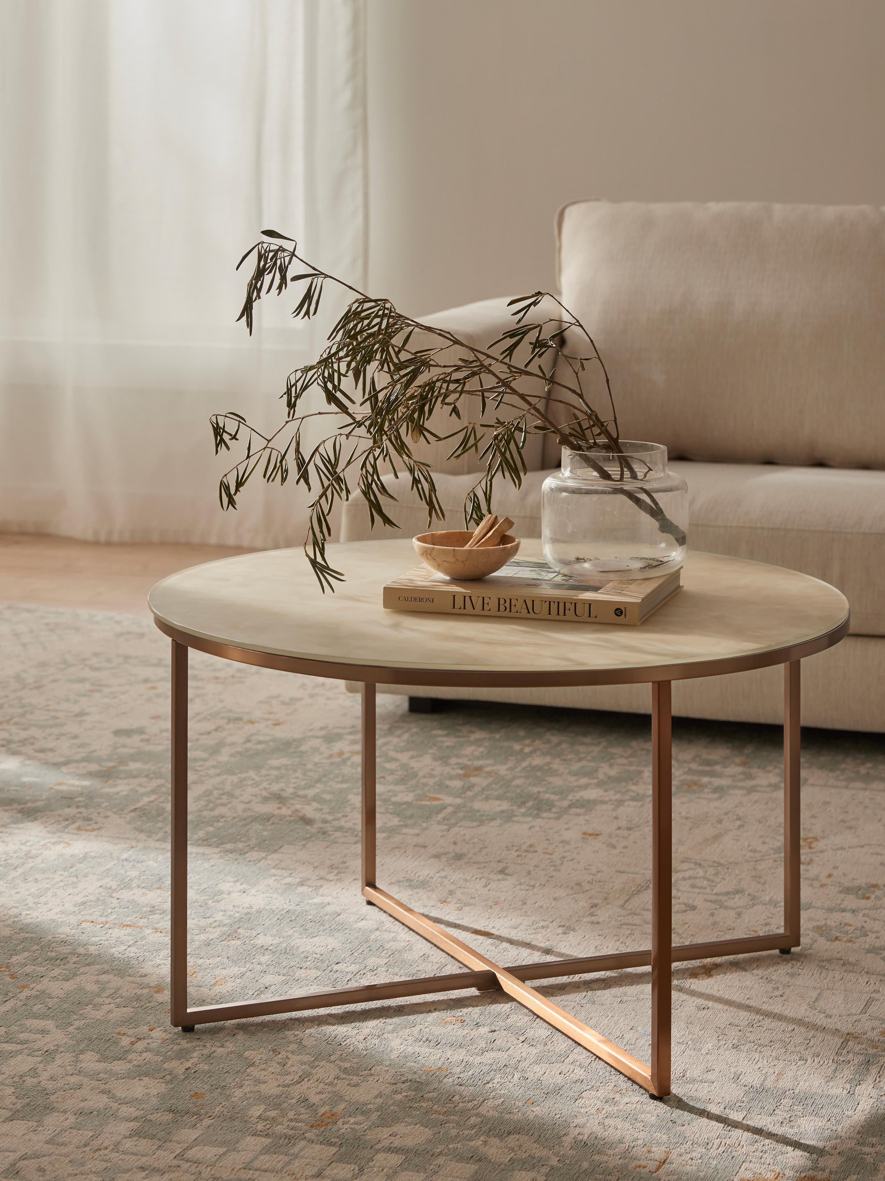 Runder Couchtisch Antigua mit Glasplatte in Marmor-Optik