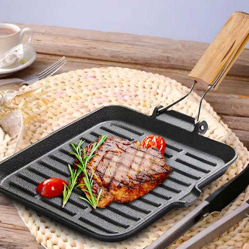 SOGA Cast Iron Ribbed Square Steak Grill Pan Wooden Handle 24cm