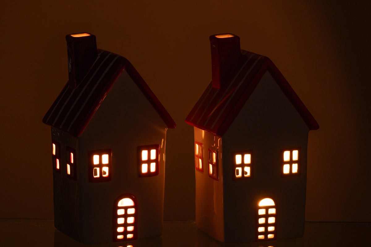 J-Line theelichthouder Huis Dolomiet - keramiek - oranje/rood - 2 stuks