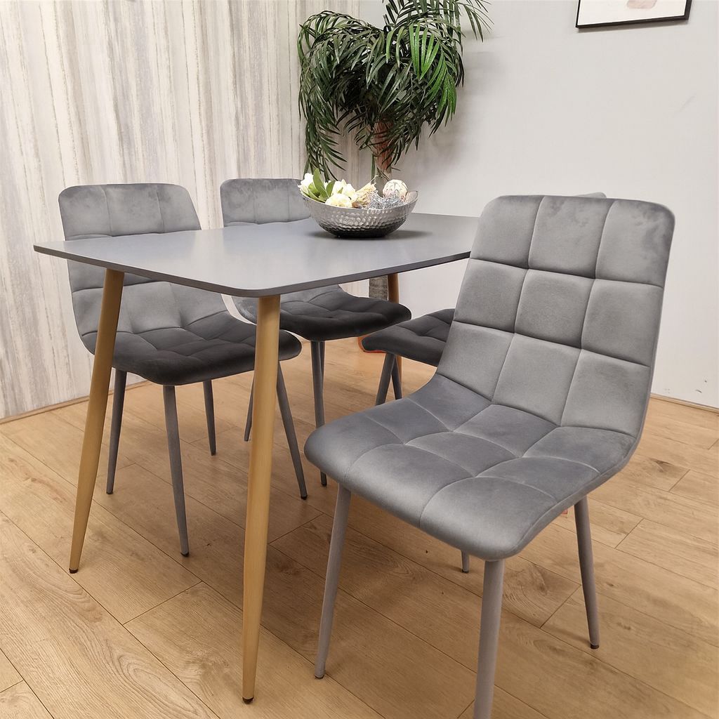 KOSY KOALA Modern Rectangle Dark Grey Dining Table Set With 4 Grey Velvet Chairs