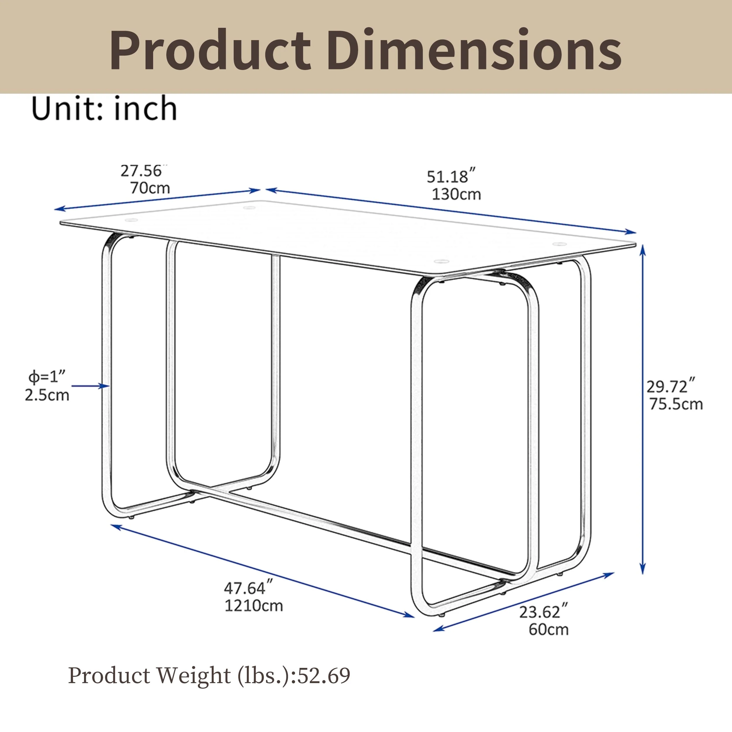 51 Modern Glass Dining Table - 8mm Tempered Top, Metal Frame, 170LB