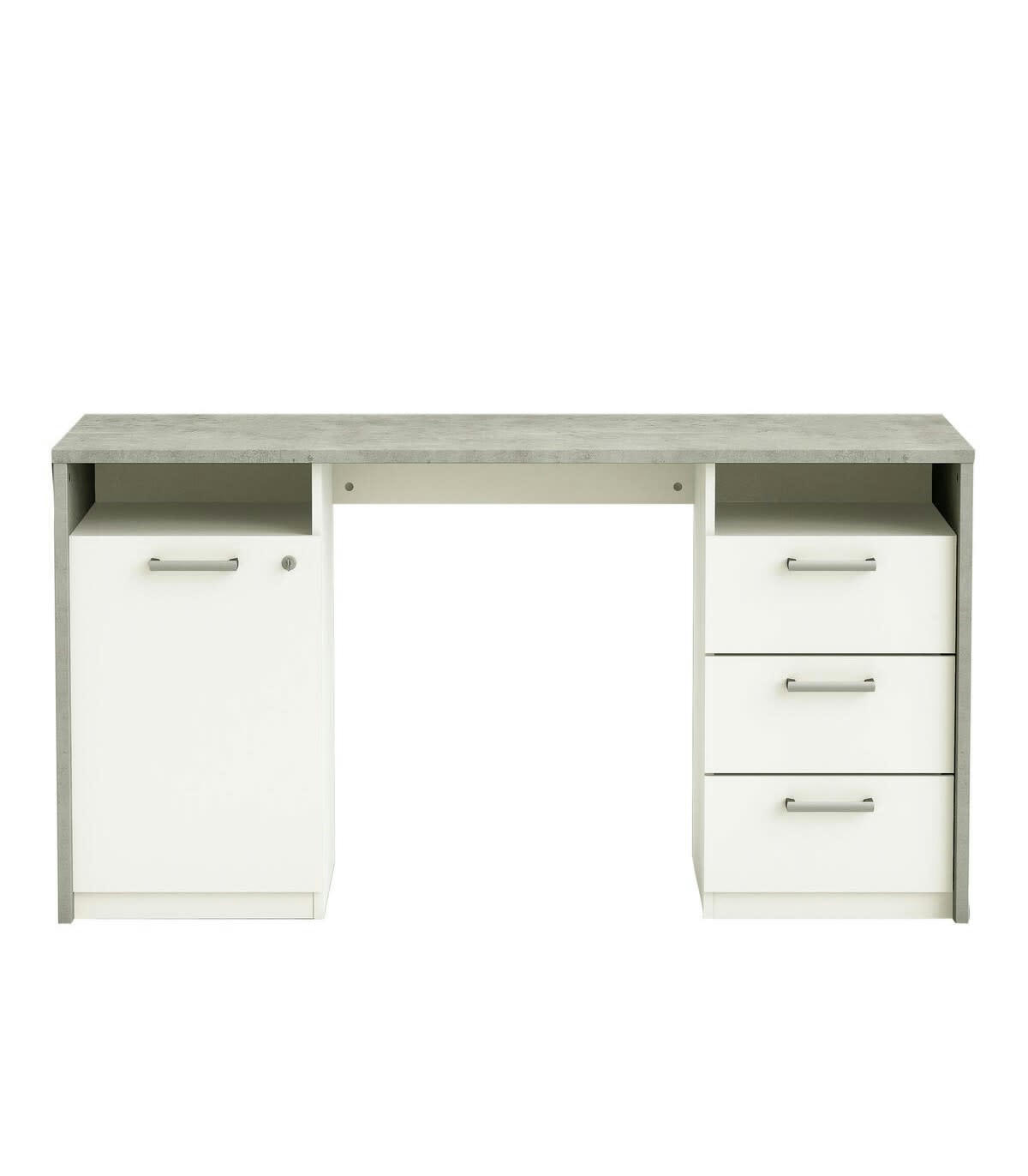 STANFORD - Bureau 1 Porte et 3 Tiroirs L145 cm - Décor gris béton et blanc