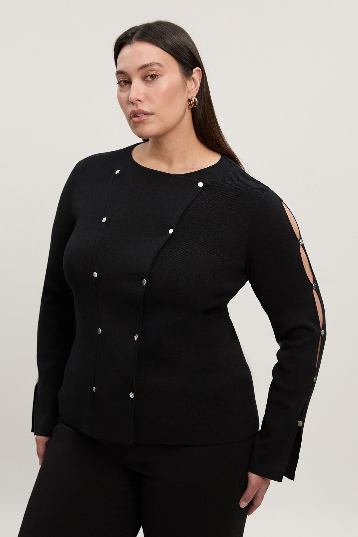 KarenMillen Plus Size Viscose Blend Stud Detail Long Sleeve Knit Top