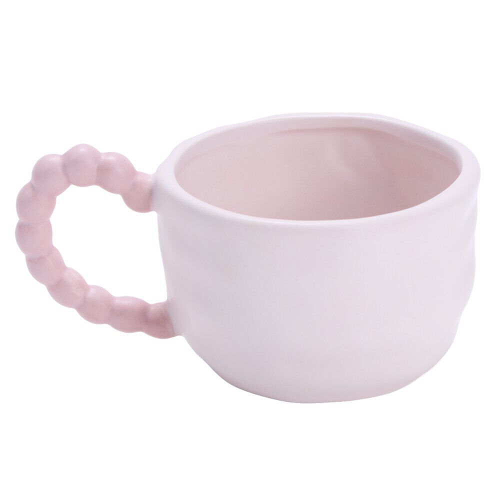 Tasse dolomite motif noeud anse façon perle blanc et rose Ø10xH7cm