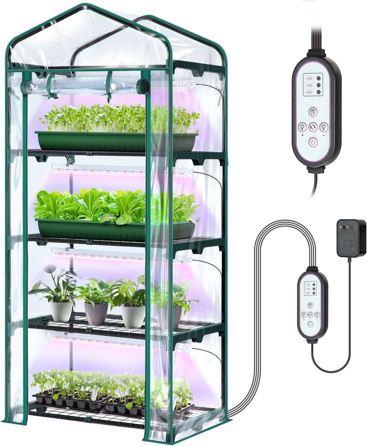 Indoor Greenhouse with Grow Light  Ohuhu 4-Tier Mini Green House for Winter - Full Spectrum Greenhouses for Seed Starting Small Portable Green Houses Waterproof PVC Cover & Adjustable Shelves