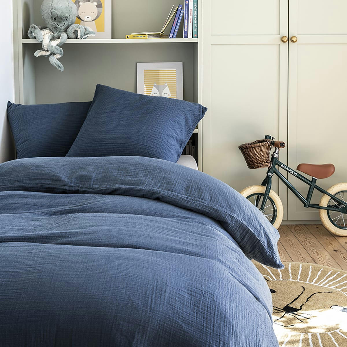 TENDRESSE - Housse de couette unie en gaze de coton bleu 260x240