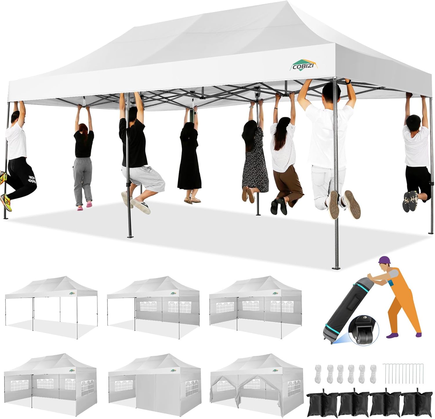COBIZI 10x20 Heavy Duty Pop up Canopy Tent with 6 sidewalls Easy Up Commercial Outdoor Wedding Party Tents for Parties All Season Wind & Waterproof Gazebo Roller Bag  White(Frame Thickened)