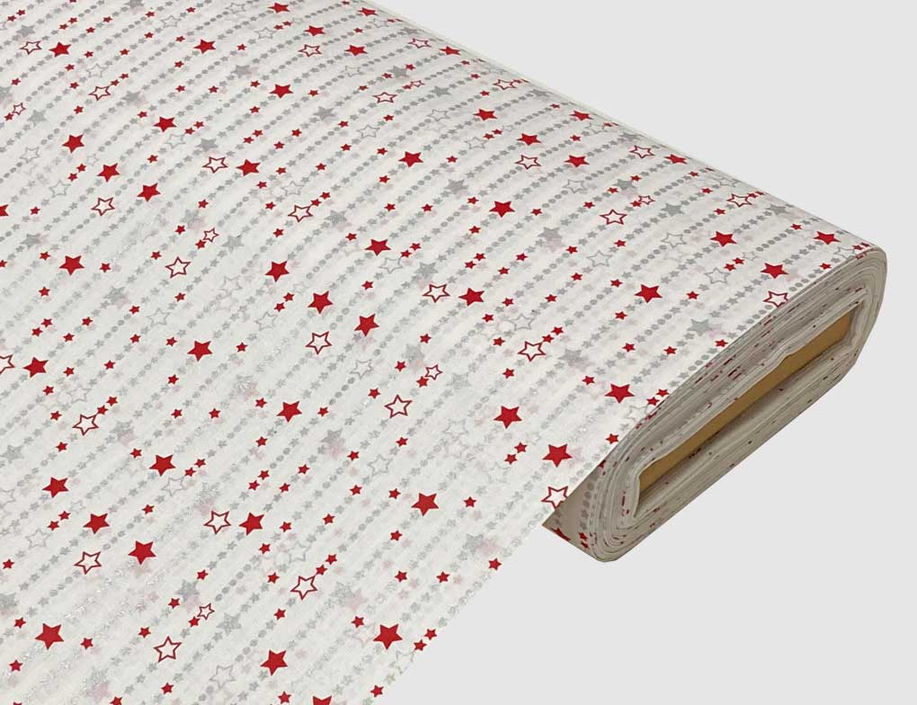 Dekostoff Sterne Weiß, Silber, Rot