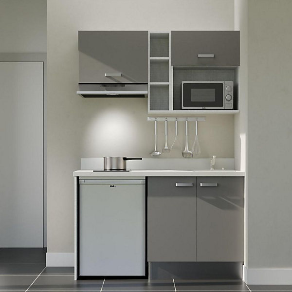 Kitchenette K13 - 140 cm - façades Gris - Plan monobloc en quartz coloris Snova évier à droite - Electroménager Inox
