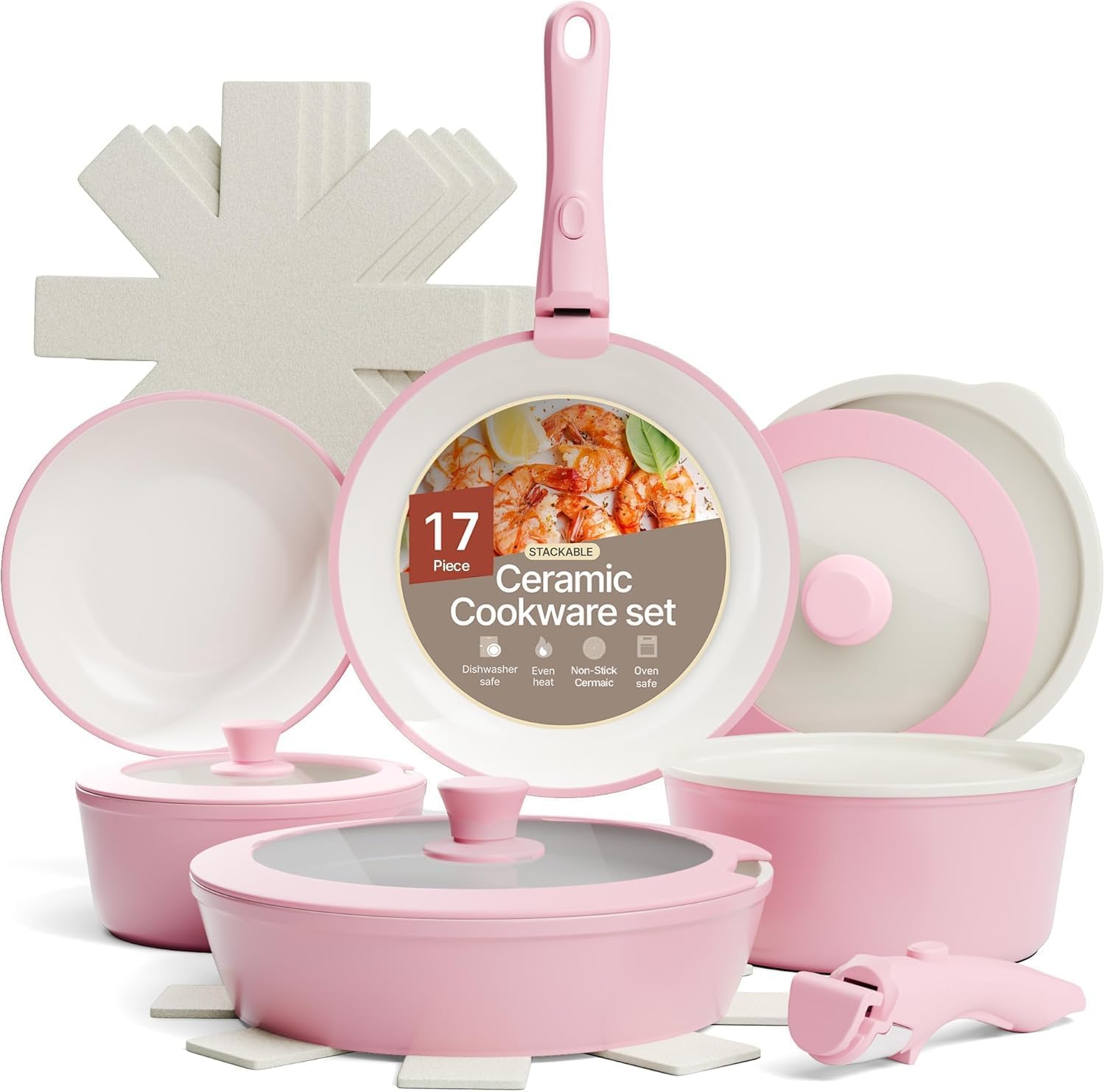 Bakken 17-Piece Ceramic Coated Aluminum Cookware Set, Nonstick Pots and Pans with Lids, Silicone Cooking Utensils & Oven Mitts, All Stovetop Safe Up To 500°F, PTFE & PFAS Free, Dishwasher Safe