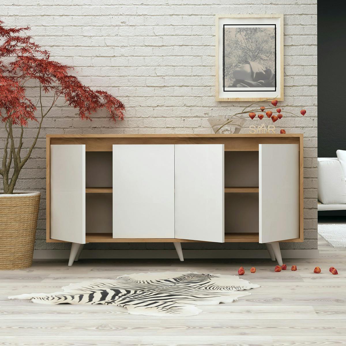Buffet scandinave bicolore, 4 portes blanches JENA