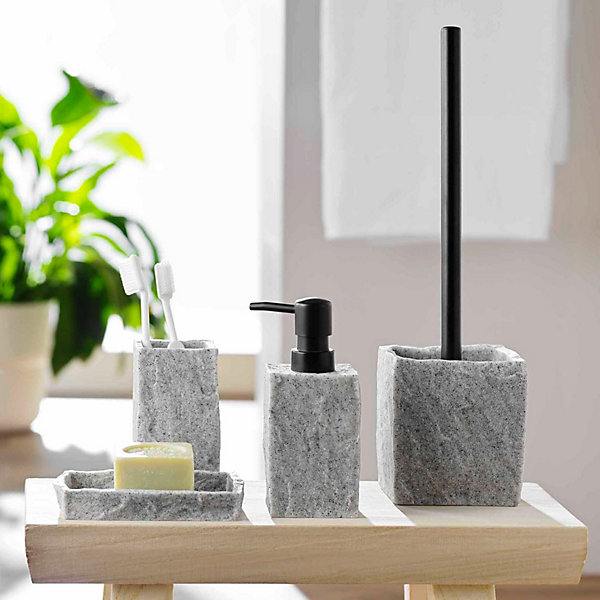 Distributeur de savon- Effet minéral salle de bain (7x7x16 cm - Gris)