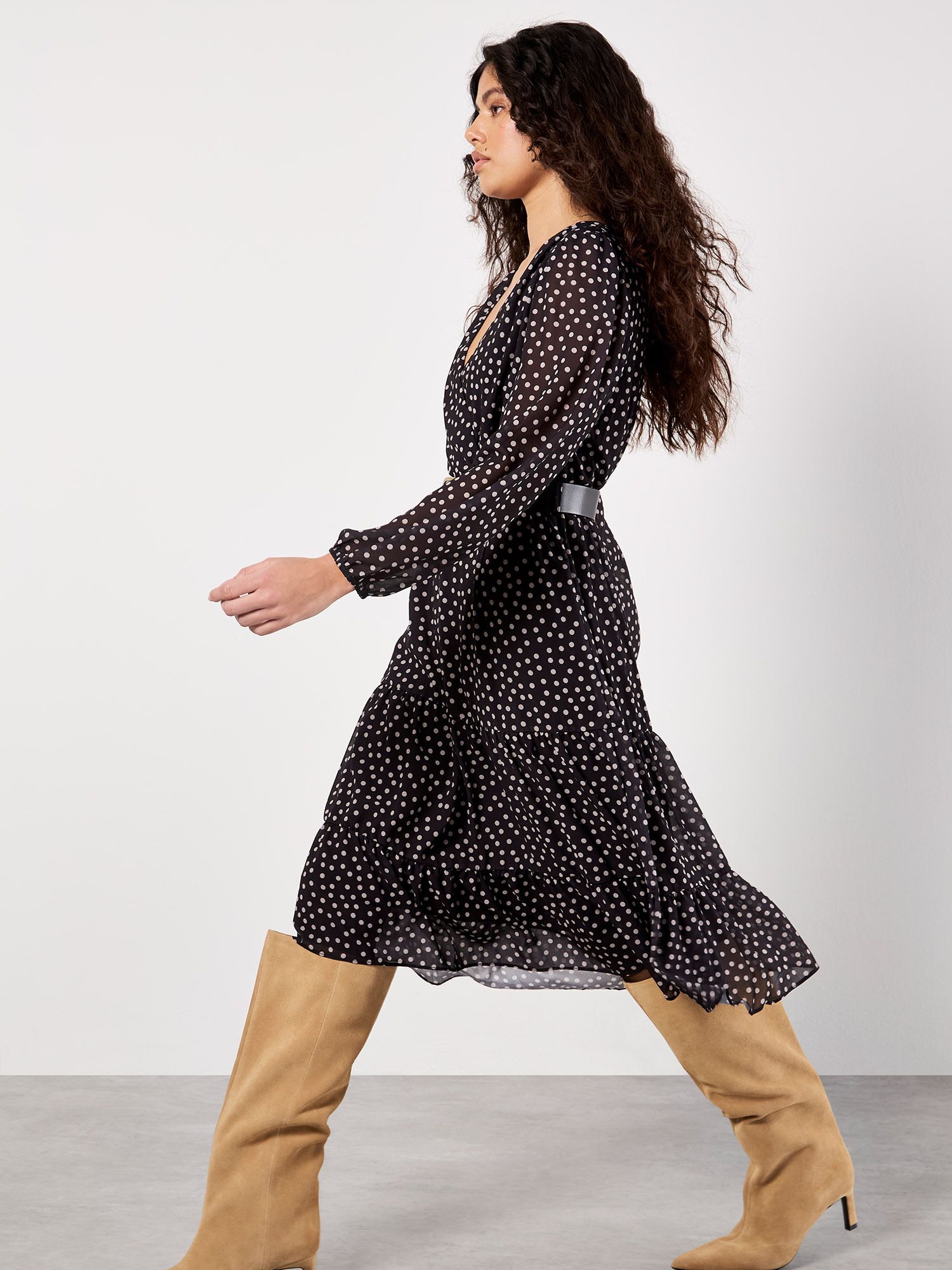 Apricot Polka Dot Chiffon Wrap Midi Dress