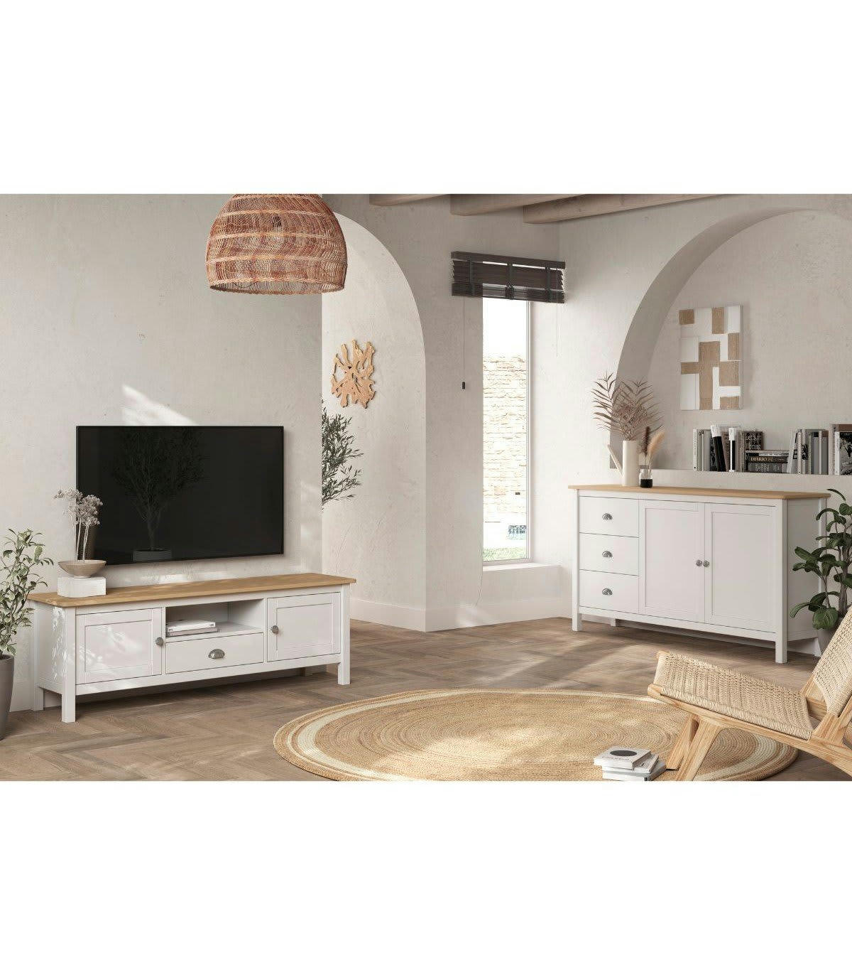 MISTI - Buffet 2 portes, 3 tiroirs en pin massif blanc et plateau chêne