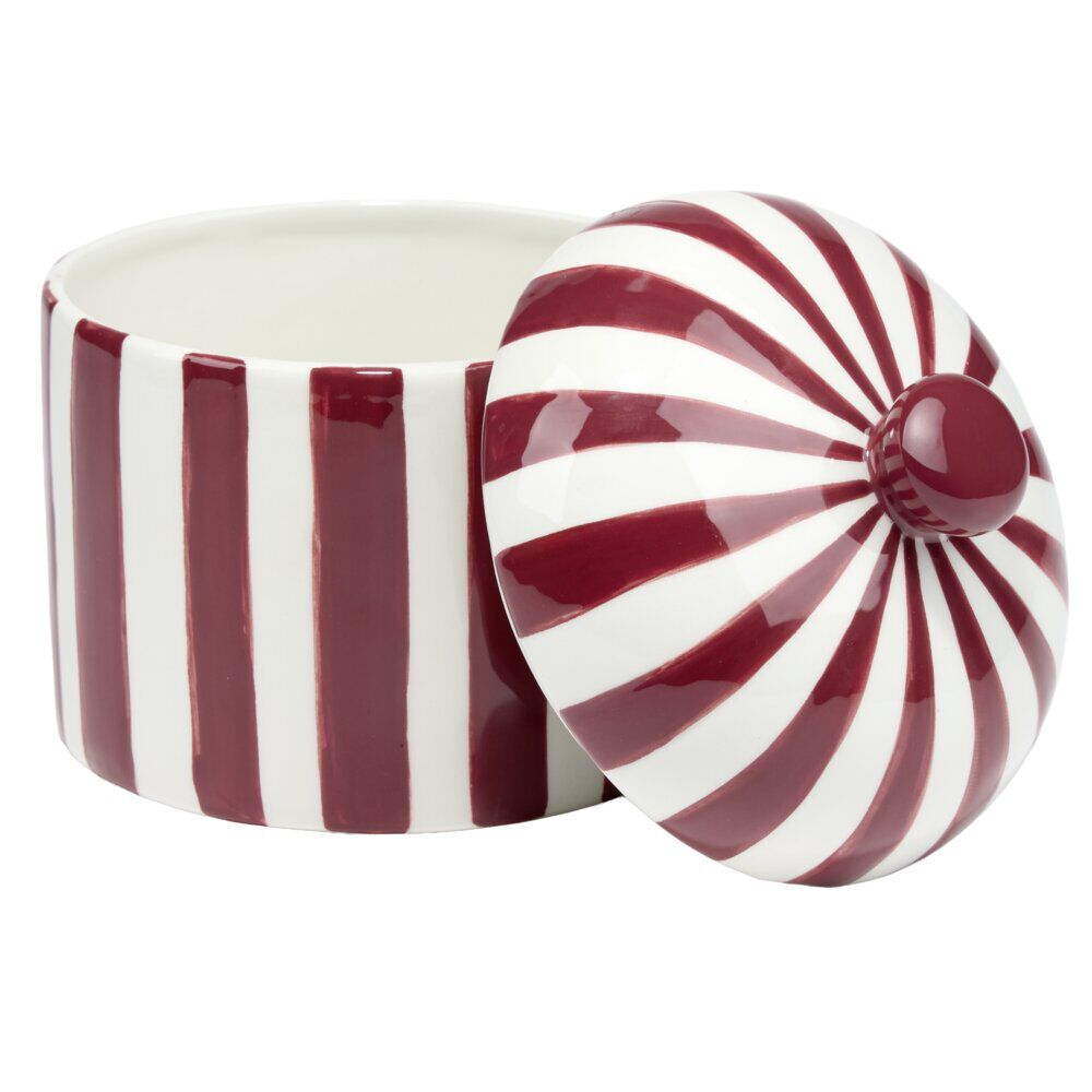 Bonbonnière ronde dolomite rayée rouge et blanc Ø12xH14cm