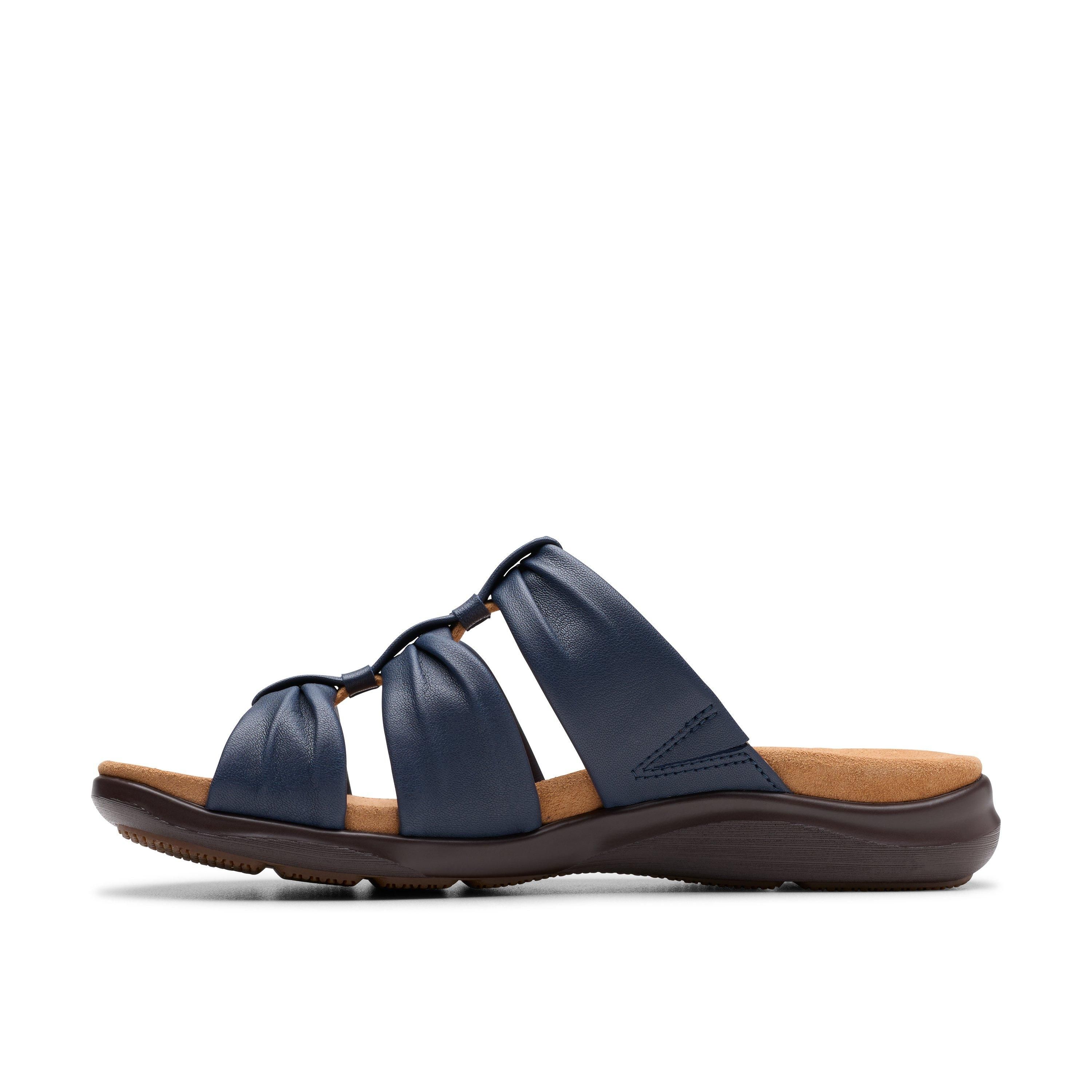 Clarks Kitly Slide Navy Leather Flat Sandals,Sliders