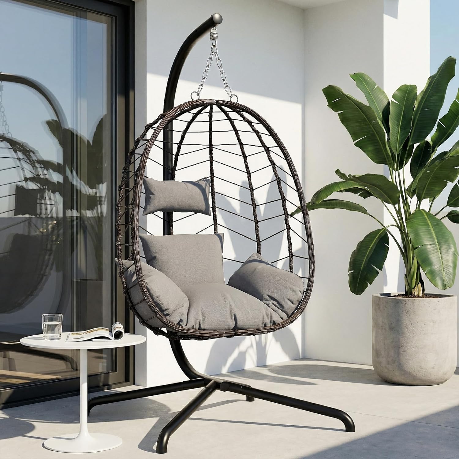 LEX CRAFT Hanging Egg Chair with Stand, Swinging Egg Chair Outdoor Indoor, Hanging Basket Chair with Cushion, Patio Wicker Hammock Chair 350lbs Capacity for Porch, Balcony, Backyard, Garden (Grey1)