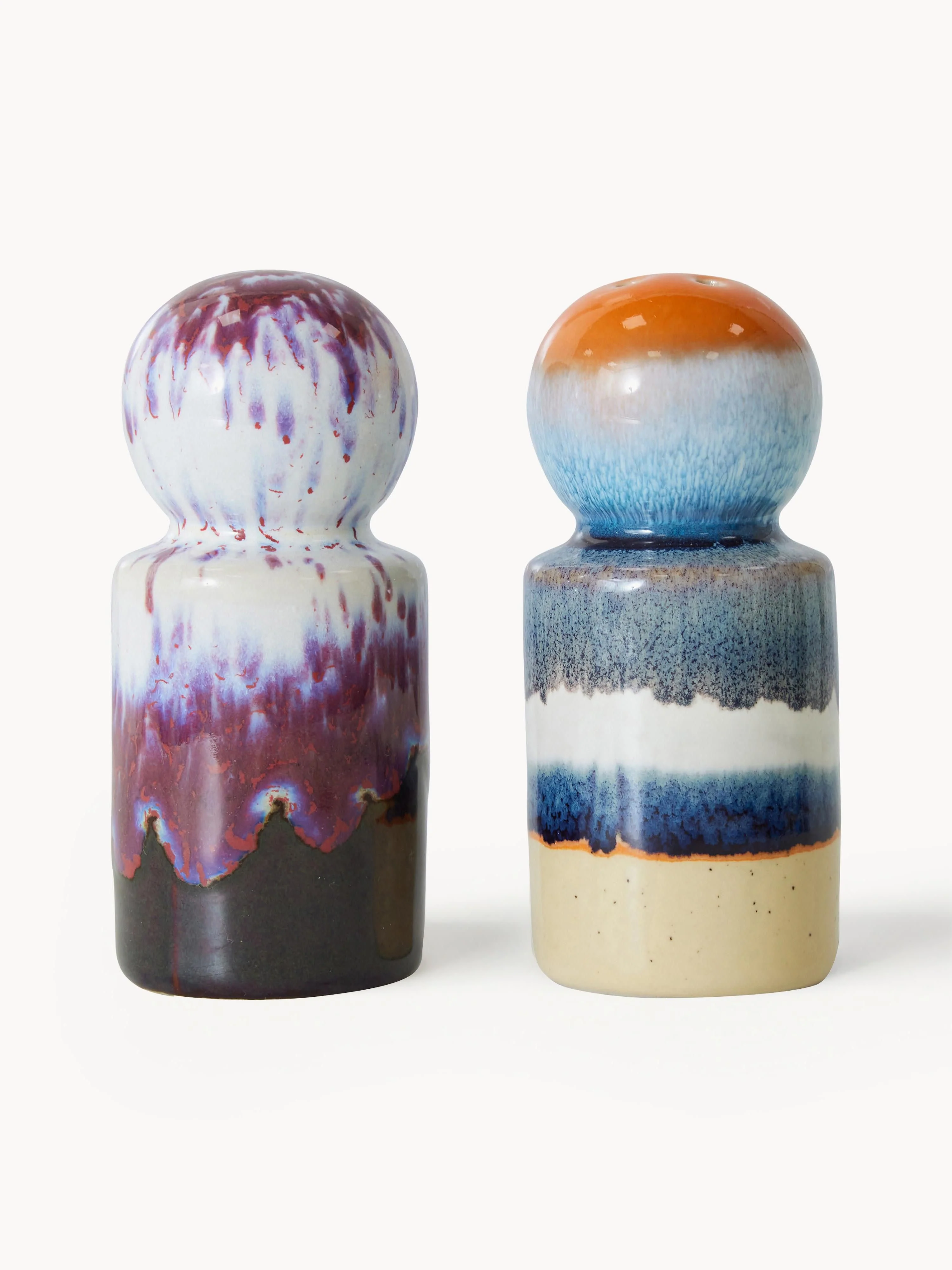 Handgemachte Salz- und Pfefferstreuer 70's mit reaktiver Glasur, 2er-Set