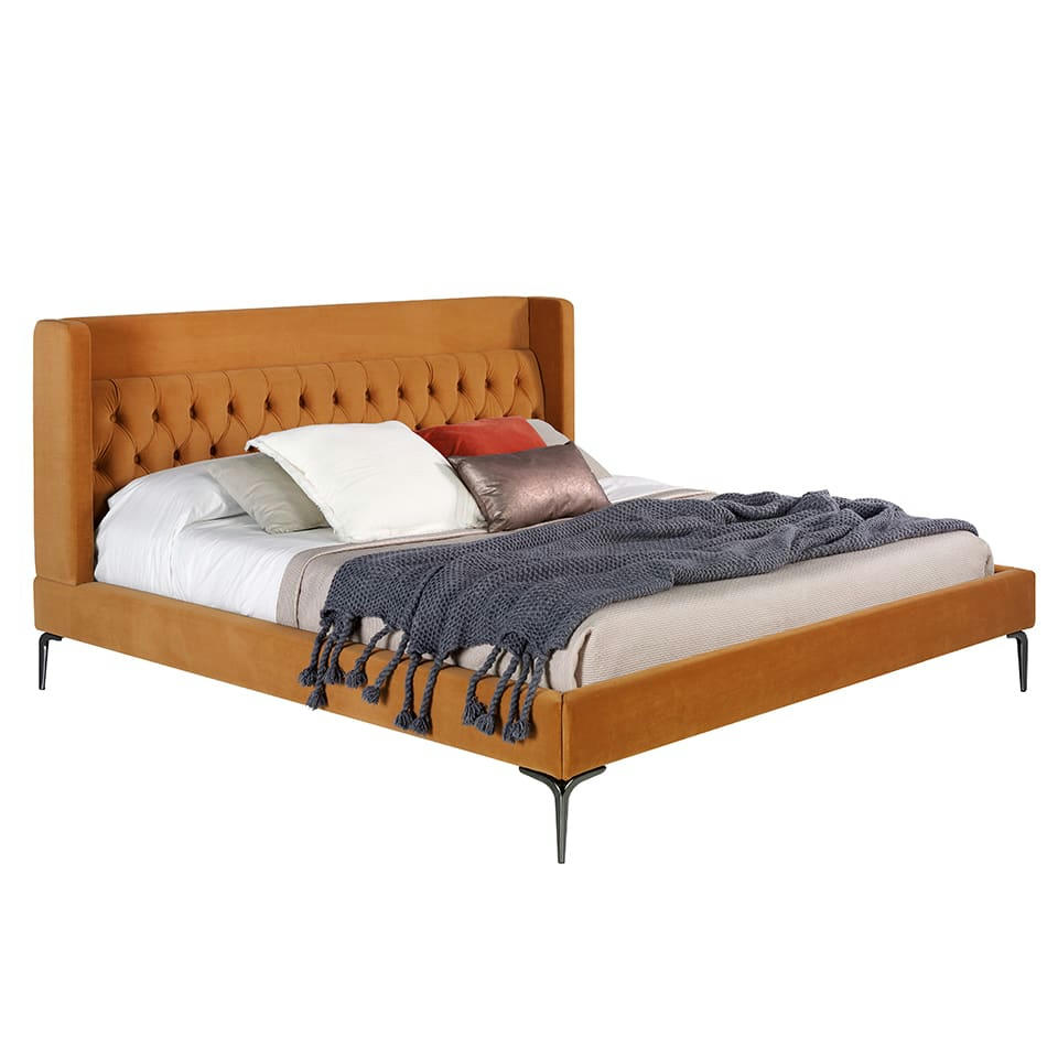 - Lit en tissu velours moutarde et acier