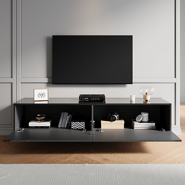 Meuble TV SIRHONA Grand Rangement Moderne Sans Poignées  2 Portes   Noir  160 cm