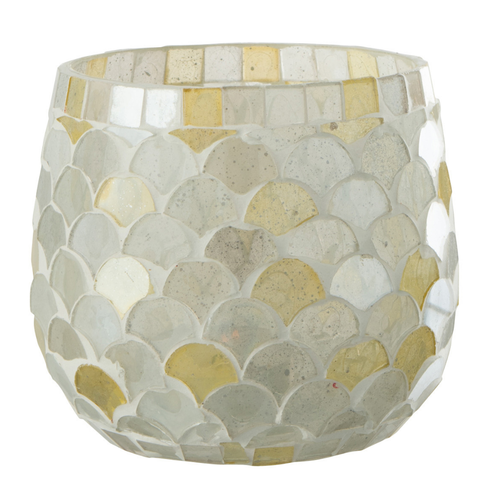 J-Line windlicht Mozaiek - glas - wit/lichtgeel - small - 3 stuks